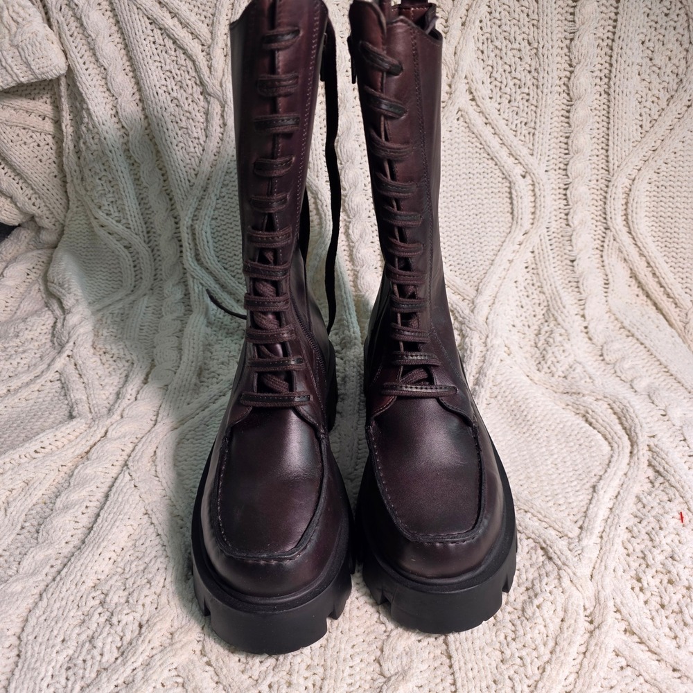 Free People Jones Lace Up Mid Calf Boots Platform Burgundy Leather Womens 9 NEW - Picture 4 of 12